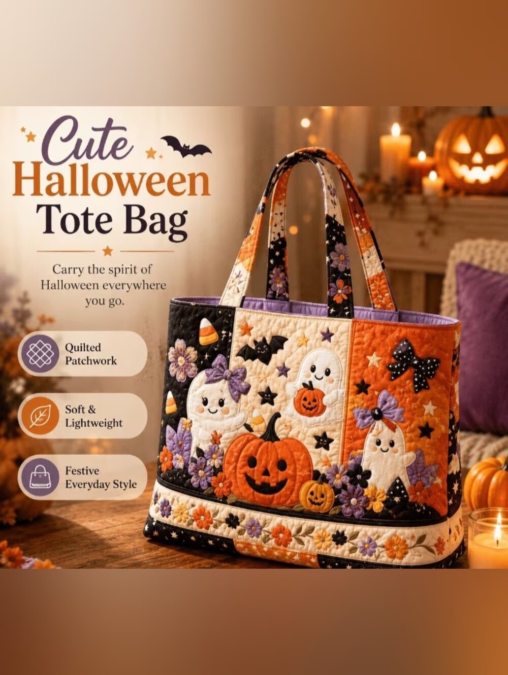 Halloween Quilted Tote Bag - Orange, Black & Purple